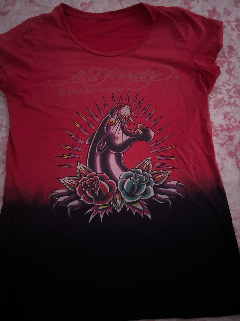 Ed Hardy Red and Black Ombre Tattoo-Style Graphic Tee